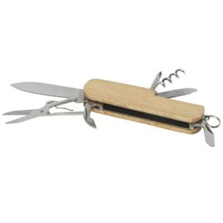 Strong and durable compact pocket knife made from high quality stainless steel with handles made of beech wood. This is a must-have pocket knife for any scout, handy man, and outdoor enthusiast. Includes 7 functions: knife, corkscrew, file/file cleaner, key ring, flat screwdriver, bottle/can opener and scissors. The beech wood used is from sustainable, environmentally and socially responsible sources. The size when opened is 17 x 2.5 cm, and when closed 9.5 x 2.5 cm. Comes with an instruction manual and is packed in a recycled cardboard gift box with a size of 12 x 4.5 x 2 cm. Laser engraving is recommended as a sustainable decoration option.