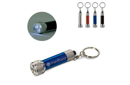 Metal keychain with flashlight. The three small LED lights provide enough light to easily find a keyhole in the dark. Batteries included.