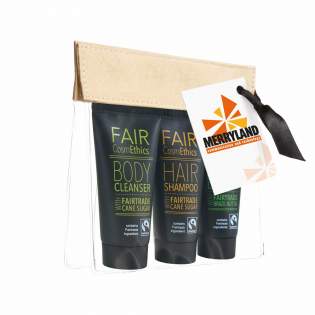 30 ml shower gel, 30 ml shampoo and 30 ml body lotion in a luxurious toiletry bag with press stud closure.