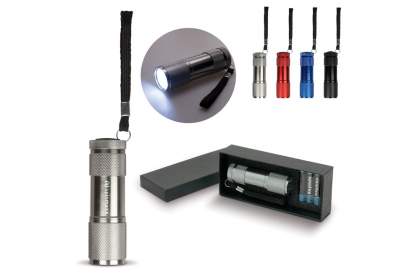 Aluminum LED flashlight in case. Batteries included. Comes packaged in a gift box.