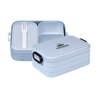 Bento lunch box from Mepal. This lunch box has two separate compartments, as well as an extra box with a fork. This lunch box is robust in design with a close-fitting lid. The lid is fitted with a sealing ring ensuring that the contents remain fresh for a long period of time. The bento containers in the lunch box can be used in the microwave, without the lid. A very high-quality product, this lunch box has a capacity of 900 ml and is suitable for storing up to 4 sandwiches. BPA Free and Food Approved, with a 2-year Mepal factory warranty. Made in Holland. 
STOCK INFORMATION: Up to 1,000 pieces available within 10 working days. Reservations and exceptions apply.