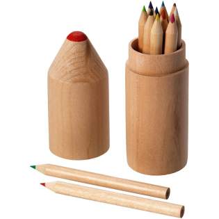 12 Farbstifte in zylinderförmigem Stiftebox aus Holz.
