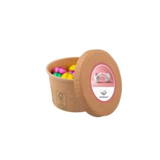 Cup made of unbleached cardboard, filled with about 110 g creamy Easter eggs and provided with a full colour sticker on the lid