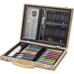 Set of 12 water paint colours, 12 coloured pencils, 12 colouring pens, 12 oil pastels, 12 crayons, palettes, glue, eraser, sharpener, HB pencil and paint brush presented in a wooden case. Decoration not available on components.
