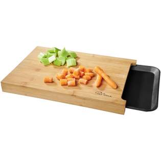Versatile bamboo board with a handy tray that slides in place underneath the board.