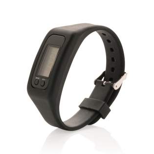 Pedometer-Armband aus ABS mit Acryldisplay. Das Armband aus Silikon ist angenehm zu tragen und größenverstellbar. Schritte, verbrannte Kalorien und die Distanz werden gemessen. Batterie ist fest eingebaut und hält ca. 1 Jahr.