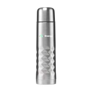 Stainless steel thermo bottle with screw cap/drinking cup and handy push-pour mechanism. With striking 3D geometric diamond pattern. Leak proof. Capacity 500 ml. Each item is individually boxed.