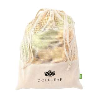 WoW! Sac pour fruits et légumes réutilisable, en coton 100% biologique (120 g/m²). Coton maillé sur le devant et coton non-maillé à l'arrière avec une fermeture à cordon. L'utilisation de ce sac permet de réduire le nombre de sacs plastiques à usage unique en circulation. Certifié GOTS. Capacité env. 1,5 litres.