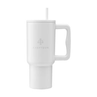WoW! Large, double-walled drinking cup made from recycled stainless steel with straw. The striking, sturdy mug has a large, plastic handle and a screw-on lid with an opening for the included plastic straw. This huge mug keeps drinks at temperature for longer periods of time. Suitable for cold and hot drinks. Without a straw, the temperature is not lost thanks to the silicone seal in the lid. This mug can go anywhere. Ideal for the gym or the office. Thanks to the conical, narrow bottom, the cup fits in almost any cup holder, making it perfect for on the go. Not dishwasher-safe. RCS-certified. Total recycled material: 75%. Capacity 900 ml. Each item is supplied in an individual brown cardboard box. WoW! Large, double-walled drinking cup made from recycled stainless steel with straw. The striking, sturdy mug has a large, plastic handle and a screw-on lid with an opening for the included plastic straw. This huge mug keeps drinks at temperature for longer periods of time. Suitable for cold and hot drinks. Without a straw, the temperature is not lost thanks to the silicone seal in the lid. This mug can go anywhere. Ideal for the gym or the office. Thanks to the conical, narrow bottom, the cup fits in almost any cup holder, making it perfect for on the go. Not dishwasher-safe. RCS-certified. Total recycled material: 75%. Capacity 900 ml. Each item is supplied in an individual brown cardboard box.