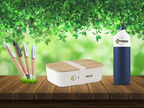 Sustainable promotional gifts. Dopper, bamboo, wheat straw pens, cork and much more.