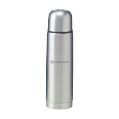 Double-walled, vacuum-insulated, stainless steel thermo bottle with double screw cap and a handy pouring system with snap closure. Leak proof. The cap can also be used as a drinking cup. Finished with a frosted, metallic finish. Capacity 500 ml. Each item is supplied in an individual brown cardboard box.