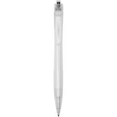 Click action ballpoint pen made from recycled PET, reducing the use of virgin plastic. The ballpoint pen comes with a transparent barrel and coloured push button. It is preloaded with a blue refill and can be combined with the 107763 Honua RPET notebook.