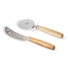 Handy pizza slicing set consisting of a pizza knife to slicing wheel. The Acacia wooden grip gives it a luxurious look. Comes packaged in a gift box.
