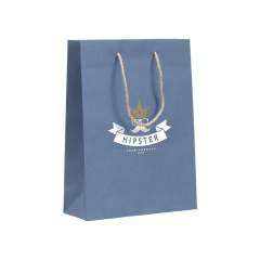 WoW! Sturdy ECO gift bag (size M) made from recycled paper with jeans fibres (180 g/m²). Due to using recycled jeans fabrics, the shade of blue can differ per bag. The blue colour gives the bag a trendy look. The bag has two short jute carrying loops, a folded bottom and a side fold. Suitable for all kinds of promotional purposes. No trees are cut down for the production of this bag.