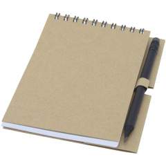 Recycled paper cover wire-o notebook with 40 sheets, 80 g/m² blank FSC recycled paper, and a black pencil. The notebook is made in Italy and the pencil is made in China.