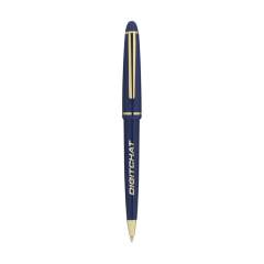 Blue ink ballpoint pen with polished barrel, gilded, ornate clip and point and twist-action tip.