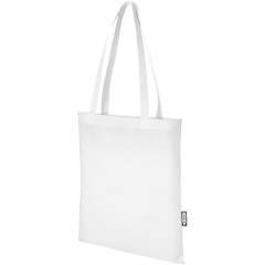Made from durable and tear resistant RPET, the Zeus GRS recycled large tote bag is a perfect and more sustainable option for fairs or conferences. Its slim design makes it an elegant model and suitable for carrying lightweight items like a notebook and a pen. The handles are 29 cm long and therefore the tote bag is easy to carry over the shoulder. Resistance up to 5 kg weight.