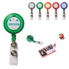 Transparent card holder with retractable cord and clip. Brand the holder with a dome sticker. Length of cord: 500mm