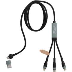 Ultraschnelles 5-in-1 Ladekabel mit 100W aus rPET zum Aufladen von Smartphones, Tablets und Laptops. Der duale USB-A- und USB-C-Eingang macht das Kabel 100 % kompatibel mit den neuesten Computermodellen. Output: Typ-C, Micro USB und Lightning. Geliefert mit einer wiederverwertbaren Tasche aus TPU und einer Einlage aus recyceltem Papier. Länge des Kabels: 1 Meter.