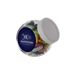 Mini glazen potje 0,2 liter met wit deksel, voorzien van een full colour sticker aan beide zijden en gevuld met Dropstaafjes mix