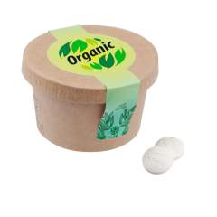 Bekertje van ongebleekt karton, gevuld met ca. 130 gram Compli'mints en voorzien van een full colour sticker met sluitzegel op de deksel