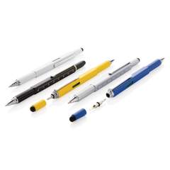 Multifunctionele touchscreen pen (blauw schrijvend) met lineaal (7 cm), waterpas en schroevendraaier. Gemaakt van hoogwaardig aluminium en aluminium clip.