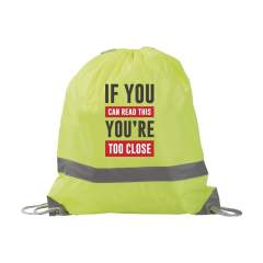 Water resistant 190T nylon backpack with drawstrings. Includes reflective strip. Capacity approx. 8 litres.
