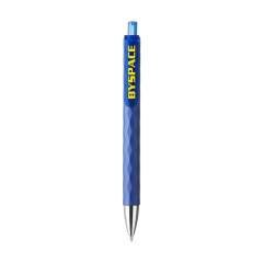 Stylo bleu avec clip transparent et bouton poussoir avec corps resistant et motif graphique en forme de diamant en 3D.