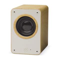Rectangular wireless speaker with a stylish wooden print. Clean and modern design with a good sound quality and 3W power. Comes packaged in a gift box.