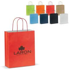 Middle sized matt paper carrier bag with handles made of twisted paper. The bag has an ecological look and is suitable as a giftbag. FSC certified.