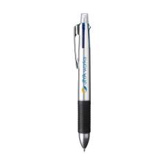 4-colour ballpoint pen and mechanical pencil in one. Eraser under the removable top. Rubber grip. Equipped with blue, green, red and black ink.