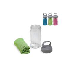 This quick dry workout towel is 300x900mm. Good item to use as a sweat towel or to clean dirt from body or fitness equipment during or after outdoor sport activities. Nicely packed in a bottle. Imprint on the bottle. Towel is not brandable.