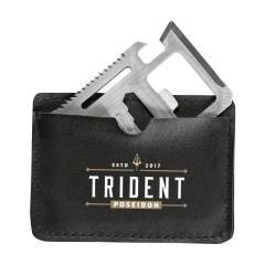Stainless steel multi tool in credit card format with 11 functions: can opener, screwdriver, ruler, cap lifter, wrench, wing wrench, saw, 2 position wrench and keyring hole. In an imitation leather case. Includes instructions.