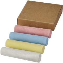 4 coloured pieces of chalk in a paper box. Decoration not available on components. Warning! Not suitable for children under three years. Small parts. Choking hazard.