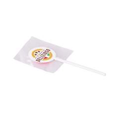 Platte lolly van ca. 5 gram in standaard folie, voorzien van een full colour sticker