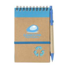 Notebook made from recycled materials, with approx. 70 sheets/140 pages of cream lined paper (70 g/m²), cardboard cover, strong spiral bound top, elastic closure. Incl. blue ink ballpoint pen.