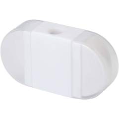 Bleistiftspitzer mit Radiergummi mit durchsichtigen Kappen auf beiden Seiten. Größe 6,2 x 3,3 x 1,6 cm.