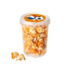 Transparant emmertje gevuld ca. 30 gr zoete popcorn of 18 gr zoute popcorn en voorzien van een full colour sticker op het deksel.