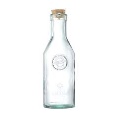 WoW! Decorative water bottle with spout. Made from 100% recycled, robust quality glass. Closes with a cork cap. An attractive bottle with character. The glass is embossed with the 'Authentic Glass 100% recycled' label.     The blue-green tint of this glass is a natural result of the recycling process. The colour and any imperfections emphasise the beauty of this recycled product and contributes to its authenticity. Recycling reduces the consumption of new raw materials, water and energy. Colour, thickness and size may vary by product. Made in Spain. Capacity 1,200 ml.