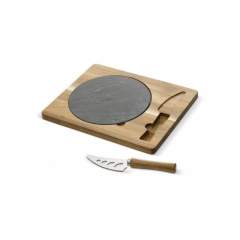 Serve snacks on this acacia wooden board with a slate serving plate and a knife. Will be delivered in a luxurious gift box.