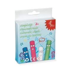 Vier stoepkrijtjes in een doosje. Bedrukking middels een sticker. Vanaf 250 stuks custom-made doos mogelijk.