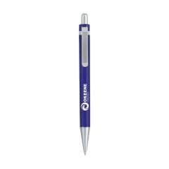 Blauschreibender Kugelschreiber mit transparentfarbenem Gehäuse und Clip aus Mattmetall.