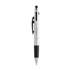 3-farbiger Kugelschreiber mit Gummispitze zum Bedienen von Touchscreens (wie iPhone/iPad), Gehäuse in Metalloptik, silberne Akzente und Gummivorderteil. Mit blauer, roter und schwarzer Tinte.