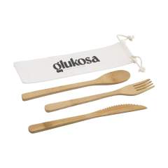 Cutlery set made from natural bamboo. This set consists of a spoon, fork and serrated knife. Each set is supplied in an individual canvas pouch.