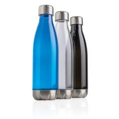 Bouteille étanche avec couvercle et fond en acier inoxydable. Corps transparent en PETG (polyéthylène téréphtalate glycol). Diamètre idéal pour la majorité des porte-gobelets. Capacité 500 ml. Sans BPA.