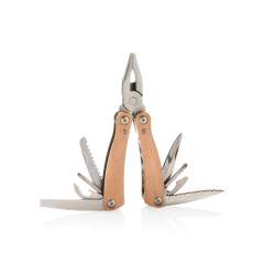 Strong and durable multitool with 13 functions. With beech wood case and high quality stainless steel tools. Tools include: Long nose pliers, standard pliers, wire cutters, serrated blade, bottle opener, large flat screwdriver, phillips screwdriver, knife, saw, small flat screwdriver, can opener, medium flat screwdriver, file. Packed in gift box.