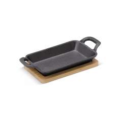 Small but very heavy mini rectangular cast iron pan on a wooden serving tray. Cast iron keeps hot dishes at the right temperature for a very long time.