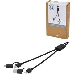 The 45W Connect fast charging and data transfer cable with an elegant recycled aluminium housing and RPET braiding offers multiple charging solutions: Type-C and USB-A input, and Type-C/iOS/Micro USB output. Thanks to all these connectors this cable allows you to charge most smartphones, cameras, power banks, earbuds, and even Type-C notebooks (up to 45W). Compatible with Apple CarPlay and Android Auto. The cable length is 25 cm. Supplied in a 100% recycled kraft paper box with a colourful sticker.
