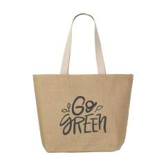 WoW! Distinctive jute bag with laminated interior and long, woven cotton handles. Rugged and wear-resistant. Suitable as shopping bag, shopper and ideal for daytrips. OEKO-TEX® certified. Capacity 25 liters.       For information: due to the coarseness of the fabric, the ability to imprint small details of a logo, thin lines and small letters is limited. We may therefore, after receiving your logo, advise you to adjust or enlarge the logo.