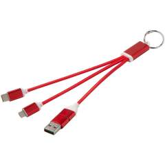 4-in-1 keychain charging cable made of recycled aluminium with a max. output of 10W. Thanks to the USB-A and Type-C input connectors combined with the Type-C and Lightning/Micro USB combi output connectors (supports Apple iOS and Android devices) you can charge most smartphones, cameras, power banks, and earbuds.